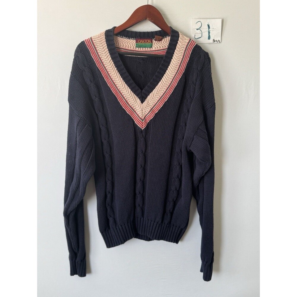 Vintage Oakton Limited Sweater Mens L Cable Knit V Neck 100% Cotton Preppy 90s